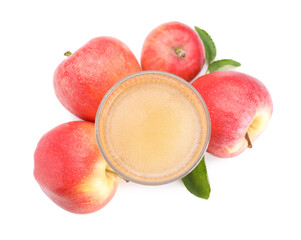 Tasty cider in glass, fresh apples and green leaves isolated on white, top view