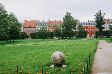 The King's Garden in central Copenhagen city on rainy day.