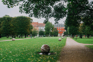 The King's Garden in central Copenhagen city on rainy day.