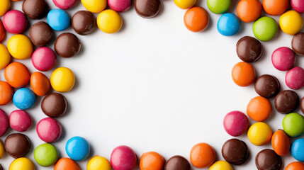 Colorful Chocolate Candies Arranged as a Festive Border on White Background