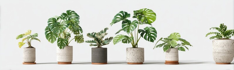 Several potted houseplants in various sizes and styles displayed against a plain white background.  Different types of foliage, including monstera and fern varieties, are featured in muted.
