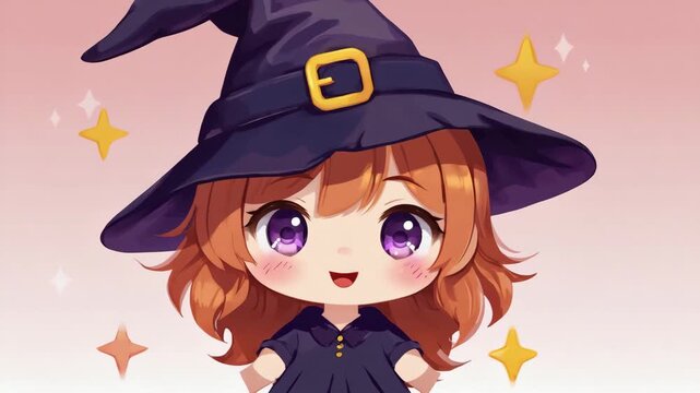 Cute Chibi Witch with Sparkling Stars Kawaii Halloween Character Illustration