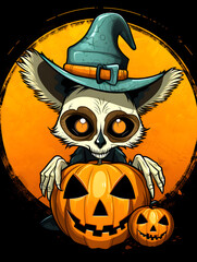 Cartoon illustration of a lemur skull with spider and web decorations for Halloween festivities background