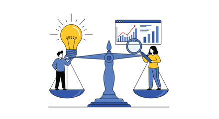 Balancing ideas and data analysis people charts on a scale business concept
