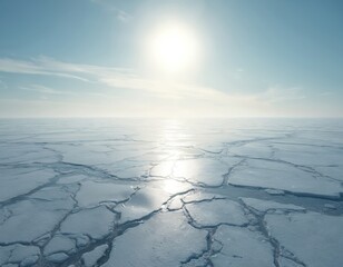 Vast ice landscape under bright sun. Cracked ice floes stretch to horizon under clear blue sky. Reflecting light creates tranquil, serene, cold atmosphere. Purity, immensity, stillness dominate