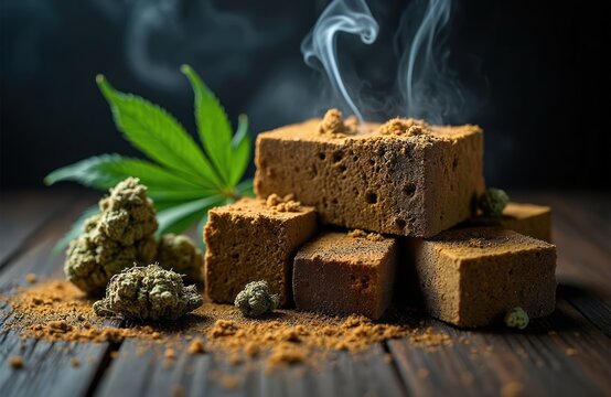 Stacked blocks of hashish on rustic wood table with cannabis leaves and buds. Smoke swirls upwards, signifying vapor or aroma. Product appears dense and powdery, hinting at culinary or medicinal use.