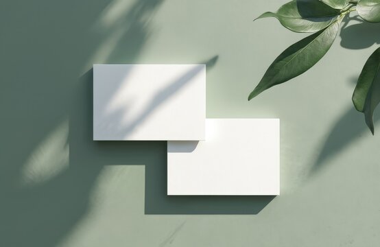 Mockup features blank white business cards with natural leaf shadow overlays. Soft green background enhances minimalist design. Perfect for branding, identity, stationery presentations. Offers ample