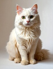 Fluffy white cat, sitting,  focused gaze