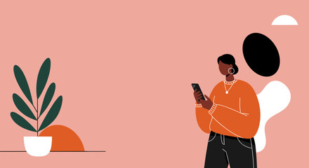 Minimalist illustration of a person working on a laptop with a plant. Represents remote work, productivity, creativity, and modern lifestyle.