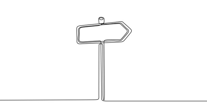 Naklejki Directional sign in one line art style. Drawing of a road sign with an editable black stroke on a white background. Vector illustration.