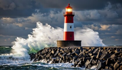 Obraz premium Waves crashing against red and white lighthouse coastal pier landscape photography stormy ocean dramatic perspective