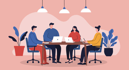 Diverse professional team collaborating in a modern office meeting with laptops. Ideal for business, teamwork, and corporate productivity concepts.