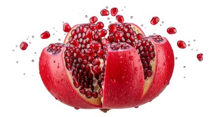 Freshly cut pomegranate with vibrant red seeds and water droplets, healthy food concept