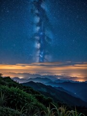 Fototapeta premium Stargazing adventure mountain range night sky scenic landscape aerial view cosmic beauty