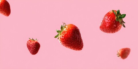 Several ripe strawberries appear to be floating against a vibrant pink background