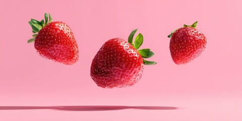 Three vibrant red strawberries appear to float against a soft pink backdrop