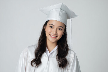 horizontal portrait of beautiful asian graduate from high school wearing a white gown and cap on a white background