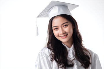 horizontal portrait of beautiful asian graduate from high school wearing a white gown and cap on a white background