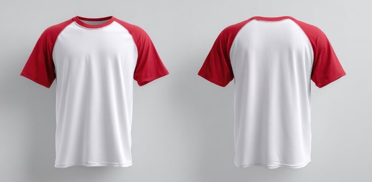 Front and back view of a blank white t-shirt with red raglan sleeves (1)