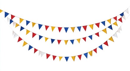 Triangular flags in a festive garland.  Three rows of small,  brightly colored flags (red, yellow, blue, white) hanging in a curved line.  The flags are connected by a light colored string. 