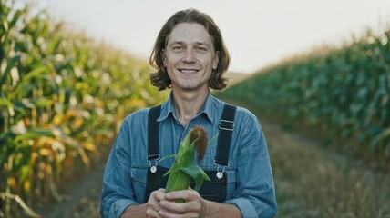 Portrait of senior farmer in corn field looking at camera holding crop in hands at sunset