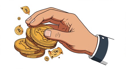 An illustrated hand in a suit sleeve gathering a stack of golden Bitcoin cryptocurrency coins.
