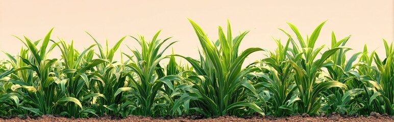 Fototapeta premium Lush green plants in a row, against a light peach background