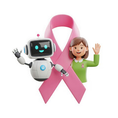 3d icon of robot and woman with pink ribbon isolated on transparent background, breast cancer