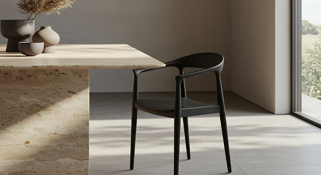 Sophisticated dining room interior with a black wishbone style wooden chair and travertine stone table in dramatic sunlight