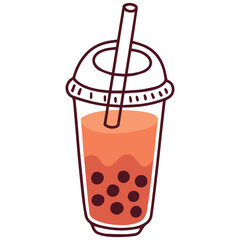 Bubble tea served in takeaway plastic cup with straw and tapioca pearls. Refreshing Asian beverage illustration for modern lifestyle design.