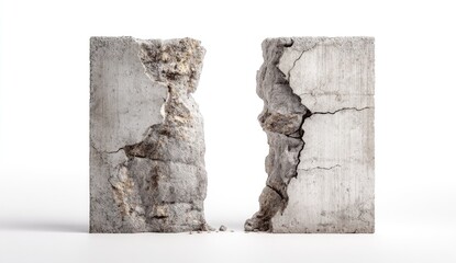 Two fractured concrete blocks against white background.  Cracks and fissures visible
