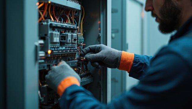 Electrician in gloves carefully connects wires inside electrical panel in commercial building. Precision work on circuit breakers, fuses. Focus on maintenance, repair of electrical systems. Safety,