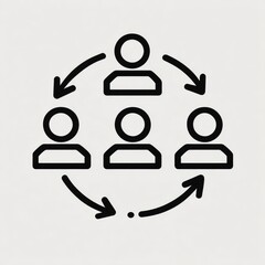 Simple graphic of interconnected people.  Circular arrangement of five stylized figures, linked by arrows in a continuous loop.  Clean lines, black on light gray background