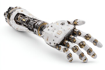 Detailed close-up of a mechanical arm,  showing intricate  machinery and joints.  The arm is white with gold accents, and extends from a complex hand to an unseen point.