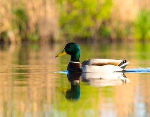 Obraz premium Mallard duck floats on still water, blurred background