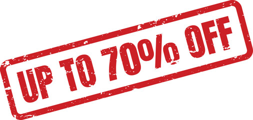 A red rectangular stamp announces a sale of up to 70 percent off