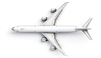 Overhead view of a white passenger jet.  A large, modern jetliner, presented in a plain, light gray/white color,  is shown from directly above.  Its wings, fuselage, and engines are clearly visible.  
