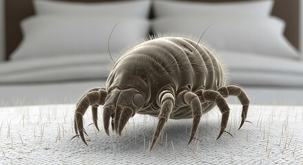 Photorealistic macro view of a house dust mite crawling on human skin.