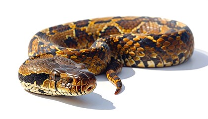 Fototapeta premium Intriguing coiled serpent against a pristine white backdrop