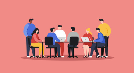 Business team collaborating in a modern office meeting, utilizing laptops for discussion and strategy. Represents teamwork, innovation, and productivity.