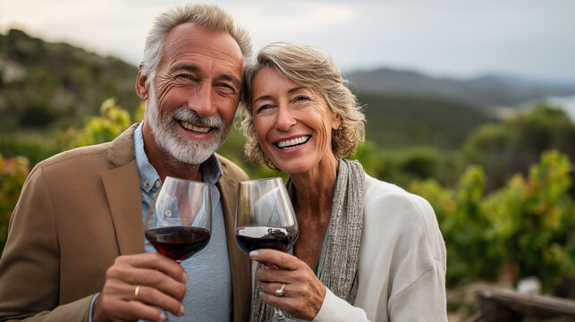 Portrait of happy senior couple holding glasses of wine in vineyard
