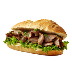 Delicious sub sandwich featuring sliced meat lettuce sauce and herbs on a fresh baguette An inviting meal option Ready to eat