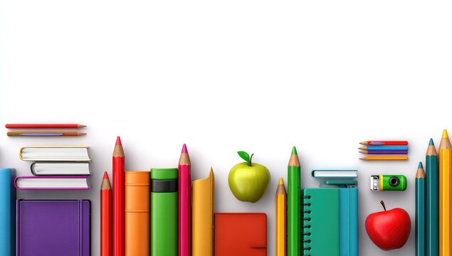 Colorful school supplies arranged in a horizontal row against a white background