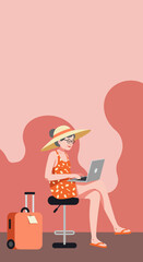Happy senior woman in vacation attire works remotely on laptop next to her luggage. Ideal for travel, digital nomad, and lifestyle concepts.