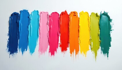 Horizontal arrangement of colorful paint strokes on white canvas. Vivid blues, pinks, reds, oranges, yellows, greens showcase spectrum of hues. Thick texture, brush marks suggest creativity, artistic