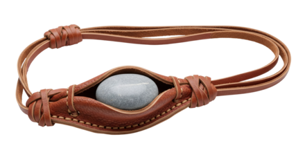 Woven leather sling with stone pouch isolated on transparent background showcasing unique craftsmanship and design features