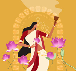 Illustration of Bengali women performing Dhunachi Dance at Durga Puja