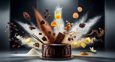 Chocolate cake explosion with ingredients flying in a creative kitchen scene