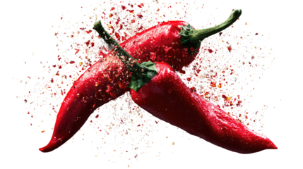 Two vibrant red chili peppers surrounded by a burst of colorful spices