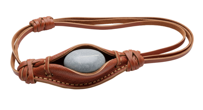 Woven leather sling with stone pouch isolated on transparent background showcasing unique craftsmanship and design features